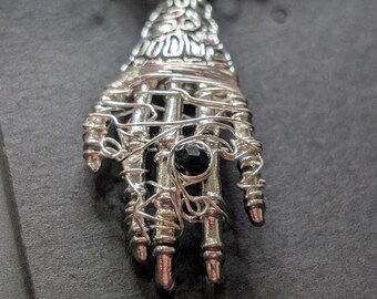 Hand-sculpted Witch's Hand Pendant, Silver Wire Wrapped Black Gemstone Gothic Necklace