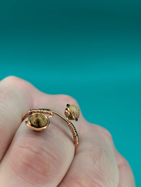Custom Adjustable Double Gemstone Ring – Handmade Copper Wire Ring | 28 Gemstone Options | Personalized Gift for Women