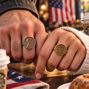 Puede incluir: Dos anillos hechos con monedas estadounidenses de un centavo. Un anillo muestra el perfil de Abraham Lincoln con el año 1946, mientras que el otro anillo muestra el reverso con el texto ONE CENT UNITED STATES OF AMERICA y espigas de trigo.