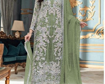 Sea green Embroidered organza Salwar Kameez suit: Pakistani Indian Wedding Dress guest Party wear