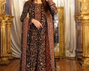 Vestido de novia pakistaní de seda bordada Salwar Kameez indio: vestidos de fiesta formales