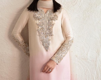 Ombre Pink Embroidered Silk Salwar Kameez Suit: Pakistani Indian Wedding Dress Party wear