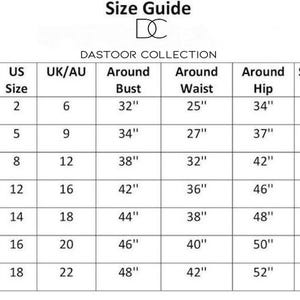 May include: Size guide from DASTOOR COLLECTION. The chart shows US, UK/AU, and OUR sizes, with measurements for bust, waist, hip, and shoulders. Sizes range from XS to 3XL, with bust measurements from 32" to 48".