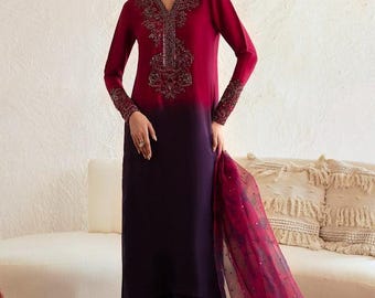 Traje Salwar Kameez de seda bordada rosa y morada: Vestido de fiesta para bodas pakistaníes e indias