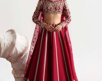 Lehenga Choli clásico de seda roja bordada: Salwar Kameez nupcial para bodas pakistaníes e indias