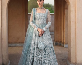 Mint Blue Embroidered Lehenga: Pakistani Bridal Nikkah Maxi Gown