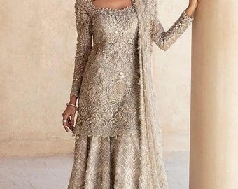 Ash white Embroidered Nikkah Sharara salwar Kameez Suit: Pakistani Indian Wedding Bridal Dress XS-3XL