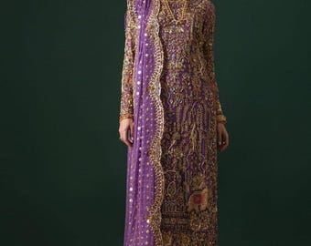 Salwar Kameez bordado en gasa color púrpura intenso: Vestido de fiesta para bodas y eventos pakistaníes e indios
