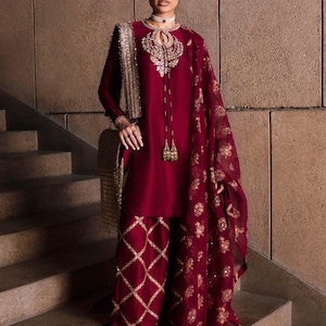 farshi shalwar Pakistani wedding dress, maroon outfit, embroidered salwar kameez, luxury Indian Muslim, hand-embellished formal party dress
Barat suit
XS-3XL salwar kameez
barat walima mehndi nikkah style gown made to order 
mariab, hussain rehar, akbar aslam designer suits luxury dresses stitched salwar kameez, eid collection readymade desi clothes USA, UK, CANADA, GERMANY, EUROPE
Evening party wear guest suit, sharara gharara, saree
Bridal Gowns & Separates
Bridesmaid Dresses