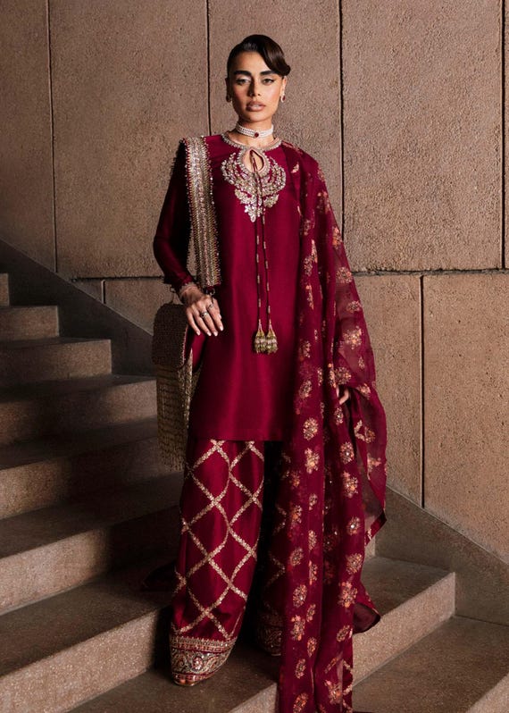 Hand-Embroidered Maroon Silk Farshi Shalwar: Pakistani Wedding Dress
