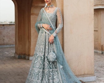 Aqua Blue Organza Maxi Gown: Pakistani Wedding Reception Outfit - Etsy