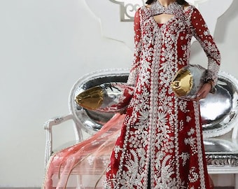 Vestido bordado rojo carmesí Salwar Kaeez, traje de boda indio pakistaní, ropa para invitados