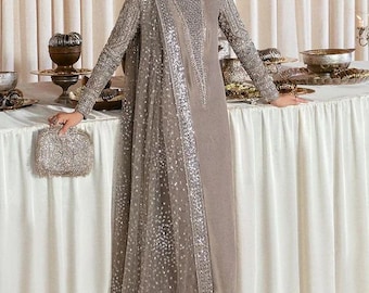 Grey Embroidered Silk salwar Kameez Suit: Pakistani Indian Wedding Dress XS-3XL