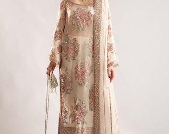 Elfenbein bestickt Salwar Kameez pakistanische indische Hochzeitskleid: Partykleidung