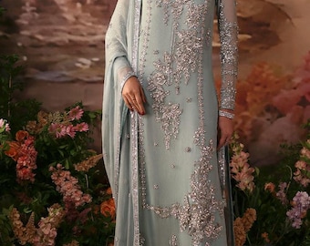 Powder Blue Embroidered Chiffon Salwar Kameez: Pakistani Indian Wedding Dress Party wear