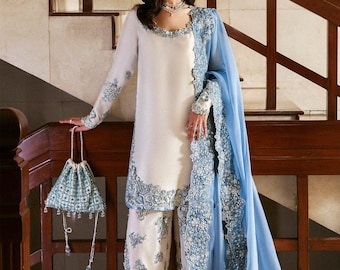 Ivory Blue Embroidered Silk salwar Kameez Suit: Pakistani Indian Wedding Dress XS-3XL