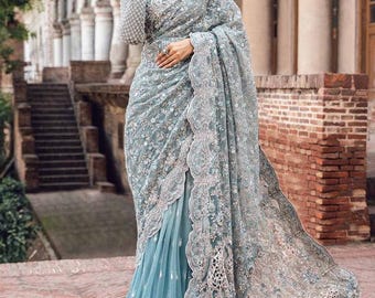 Ice Blue Embroidered Saree Blouse Stitched Dress: Indian Pakistani Wedding guest Suit XS-3XL