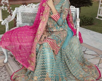 Zeegroen roze geborduurde Mehndi Sharara salwar Kameez-pak: Pakistaans-Indiase trouwjurk XS-3XL