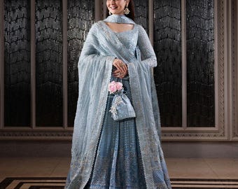 Ice Blue Embroidered Wedding Gown: Pakistani Bridal Maxi Dress