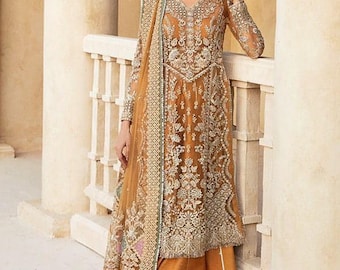Roest geborduurde Mehndi Sharara salwar Kameez-pak: Pakistaans-Indiase trouwjurk XS-3XL