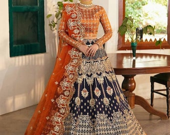 Senaste broderade Lehenga Choli brudkostym: Indisk pakistansk bröllopsklänning gästoutfit