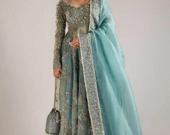 Embroidered Pakistani Indian Wedding Dress: Ice Blue Bridal Nikkah Maxi Salwar Kameez
