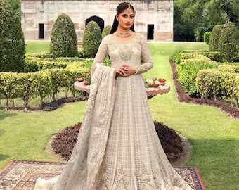 Ivory Embroidered Chiffon Nikkah Dress, Pakistani Indian Wedding Maxi pishwas
