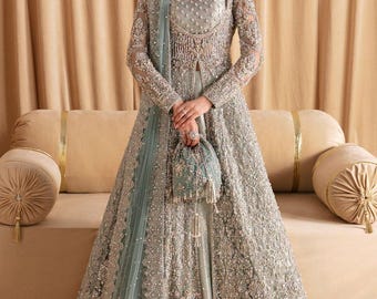 Ice Blue Handmade Wedding Gown Nikkah Mehndi Dress: Pakistani Indian Bridal Guest Outfits