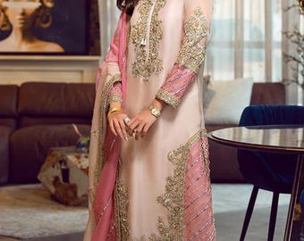Rozeroze geborduurde organza salwar Kameez-pak: Pakistaans-Indiase trouwjurk XS-3XL