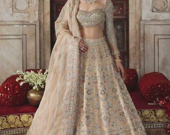 Beige lehenga Embroidered Nikkah Dress: Pakistani Bridal mehndi Salwar Kameez