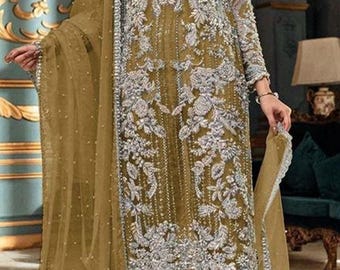 Senf bestickte Organza Salwar Kameez mehndi Anzug: Pakistanische indische Hochzeitskleid Gast Partyabnutzung
