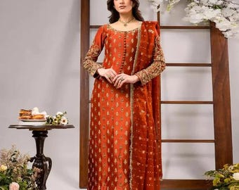 Orange broderad siden Salwar Kameez mehndi kostym: Pakistansk indisk bröllopsklänning Formell festkläder
