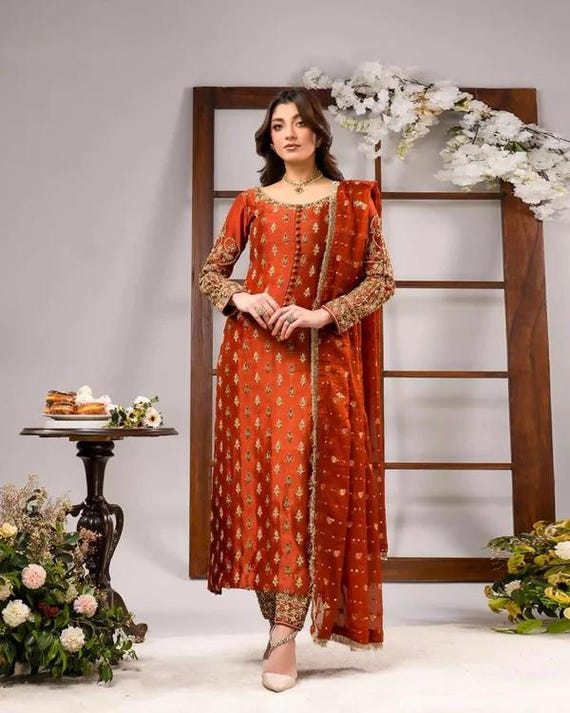 Orange Embroidered silk Salwar Kameez mehndi suit: Pakistani Indian Wedding Dress Formal Party wear