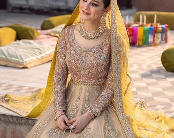 Embroidered bridal maxi Mehndi Dress: Pakistani Indian Dholki mayu guest suit