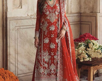 Rust Sharara Embroidered Nikkah Dress: Pakistani Bridal mehndi Salwar Kameez
