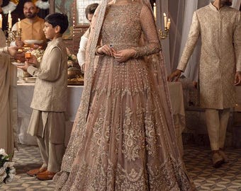 Peach pink Handmade Gown Nikkah Dress: Pakistani Bridal Barat walima guest Salwar Kameez