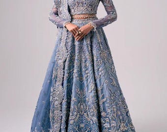 Sky Blue Embroidered Bridal Lehenga: Pakistani Wedding Maxi Dress