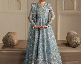 blue grey walima dress Roseline- Pakistani Walima Dress – Karigur