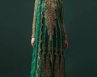 Bottle Green Embroidered Chiffon salwar Kameez Suit: Pakistani Indian Wedding Dress XS-3XL