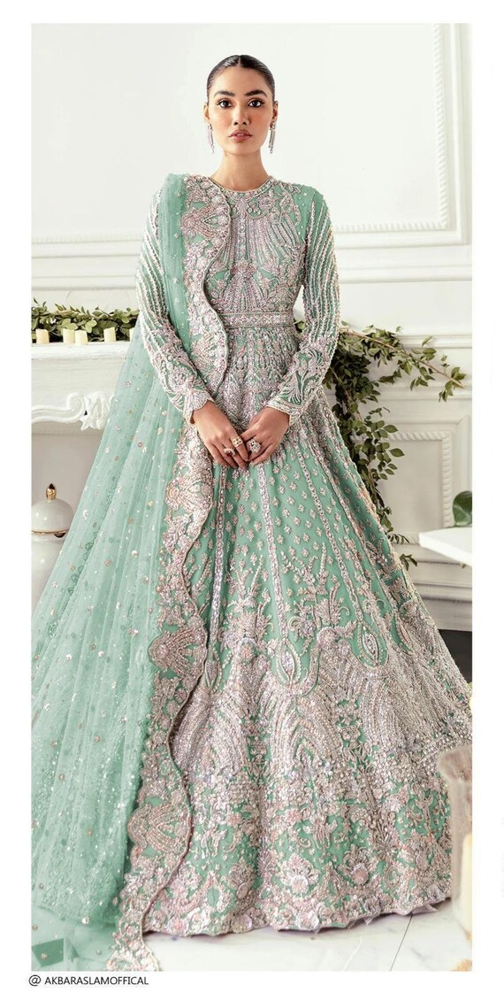 mint green nikkah dress Sea Bridal Wedding Gown: Pakistani Indian Handmade Guest Outfits show-previews