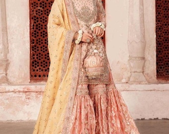 Pink Yellow Embroidered Mehndi Gharara Dress salwar Kameez Suit: Pakistani Indian Wedding guest outfit