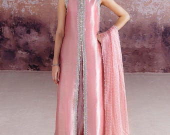 Roze geborduurde jurk feestkleding salwar Kameez Suit: Pakistaans-Indiase trouwjurk XS-3XL