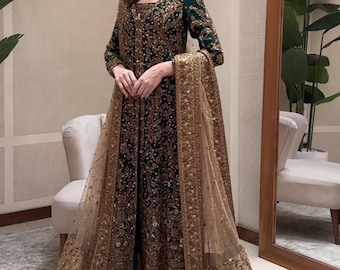 Bottle Green salwar Kameez Embroidered Silk guest Suit: Pakistani Indian Wedding Dress XS-3XL
