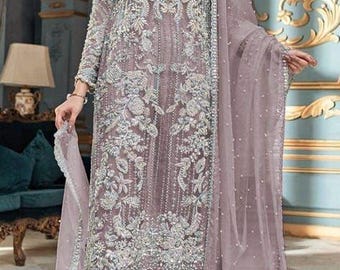 Lilac Embroidered Salwar Kameez suit: Pakistani Indian Wedding Dress guest Party wear