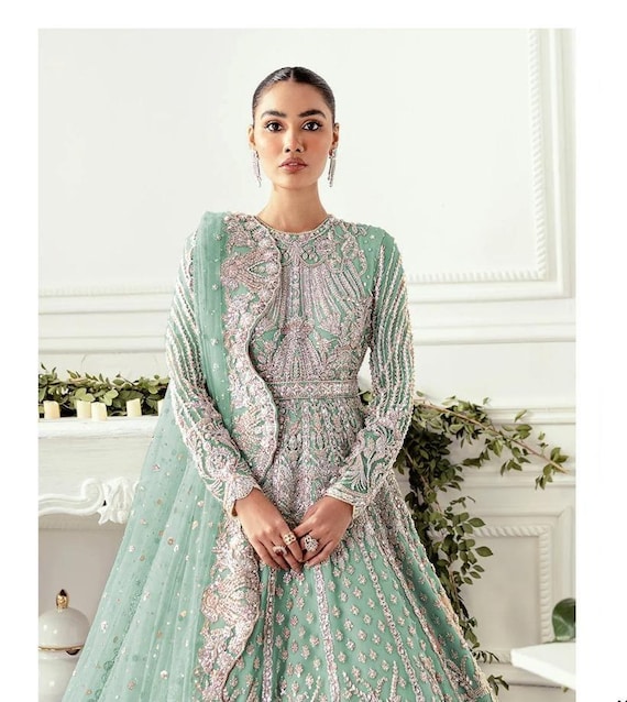 Sea Green Bridal Nikkah Dress Wedding Gown: Pakistani Indian Handmade Guest Outfits