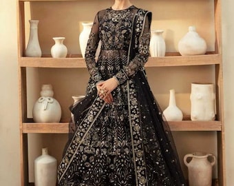 black and silver dress pakistani Black Silver Saree Dress, Pakistani Indian Party Wear, Hand Embroidered,  Wedding Guest Outfit,