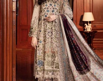 Beige geborduurd Marina Salwar Kameez-pak: Pakistaans-Indiase trouwjurk Feestkleding