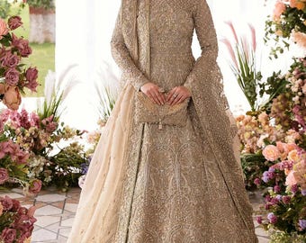 Gold Embroidered Nikkah Dress: Pakistani Bridal Salwar Kameez