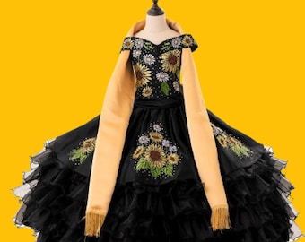 Girl's Black Mariachi dress for Quinceanera birthday party dress | Charra Dress: Gold Embroidered Mexican Mariachi Costume Girl's Black Mariachi dress for Quinceanera birthday party dress | Charra Dress: Gold Embroidered Mexican Mariachi Costume