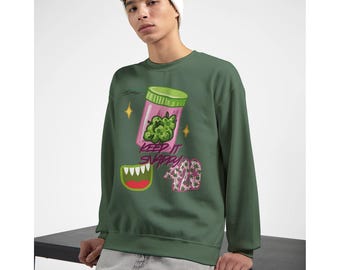 Keep It Snappy 420 unisex-sweater – Levendig Cannabis Bud Pillenpotje & Monster Mouth-ontwerp